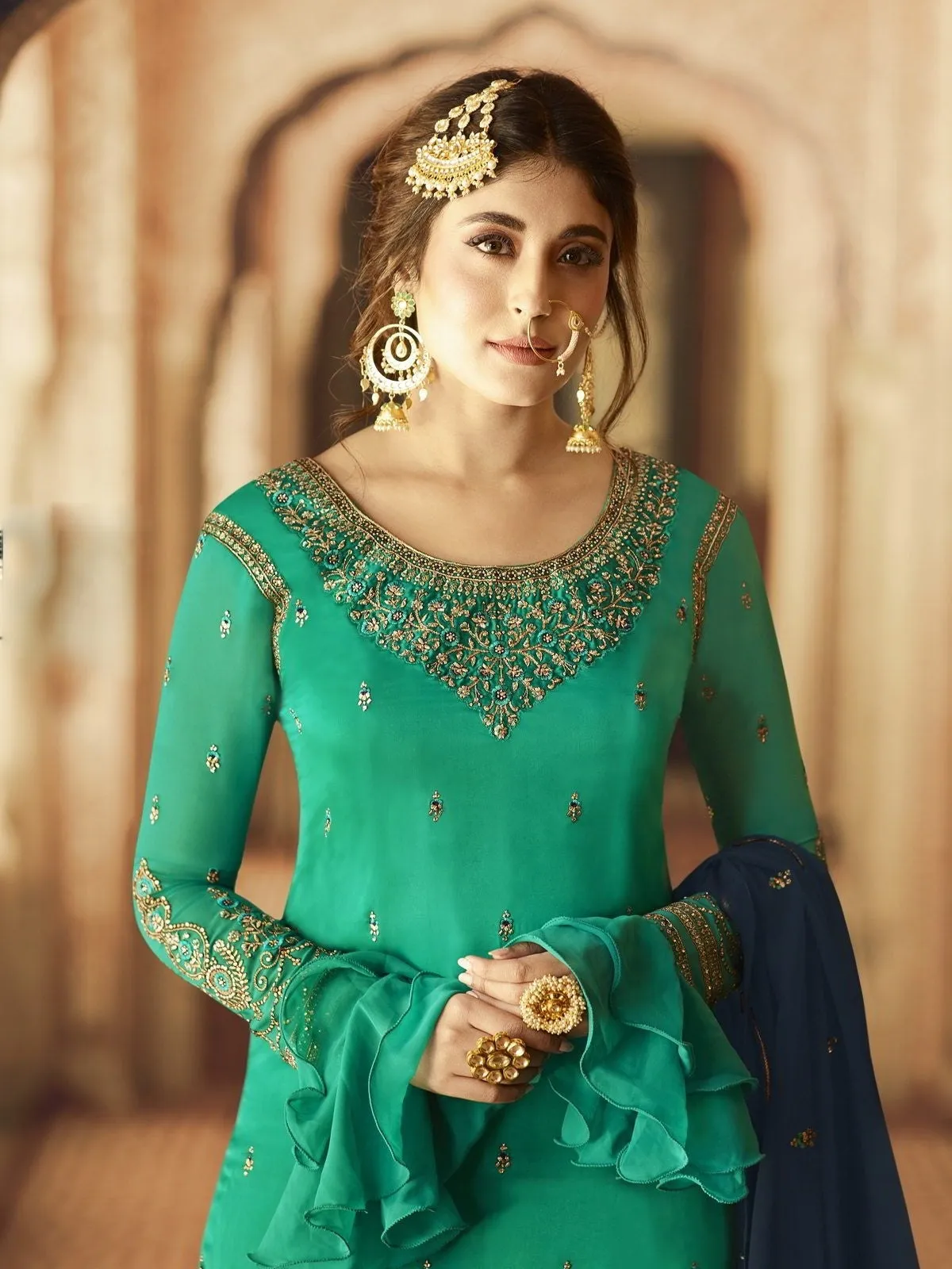 Turquoise Green And Blue Ethnic Embroidered Sharara Suit