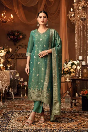 Turquoise Green Embroidered Premium Silk Kurta Pants Set