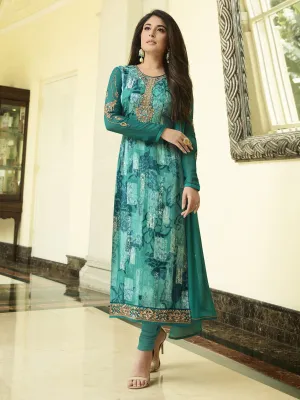 Turquoise Green Hues Minimalist Embroidered Brasso Designer Pant Suit