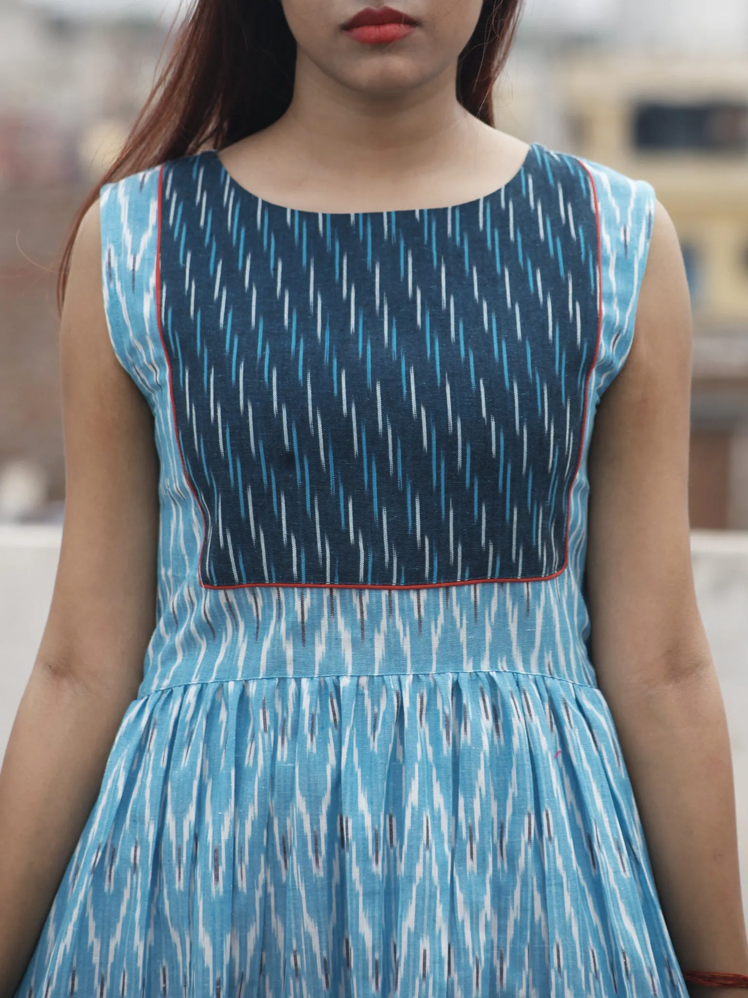 Turquoise Ivory Handwoven Ikat  Sleeveless Dress With Side Pockets-  D68F911