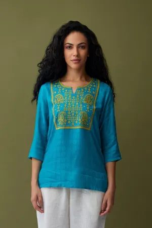 Turquoise Jacquard Embroidered Tunic