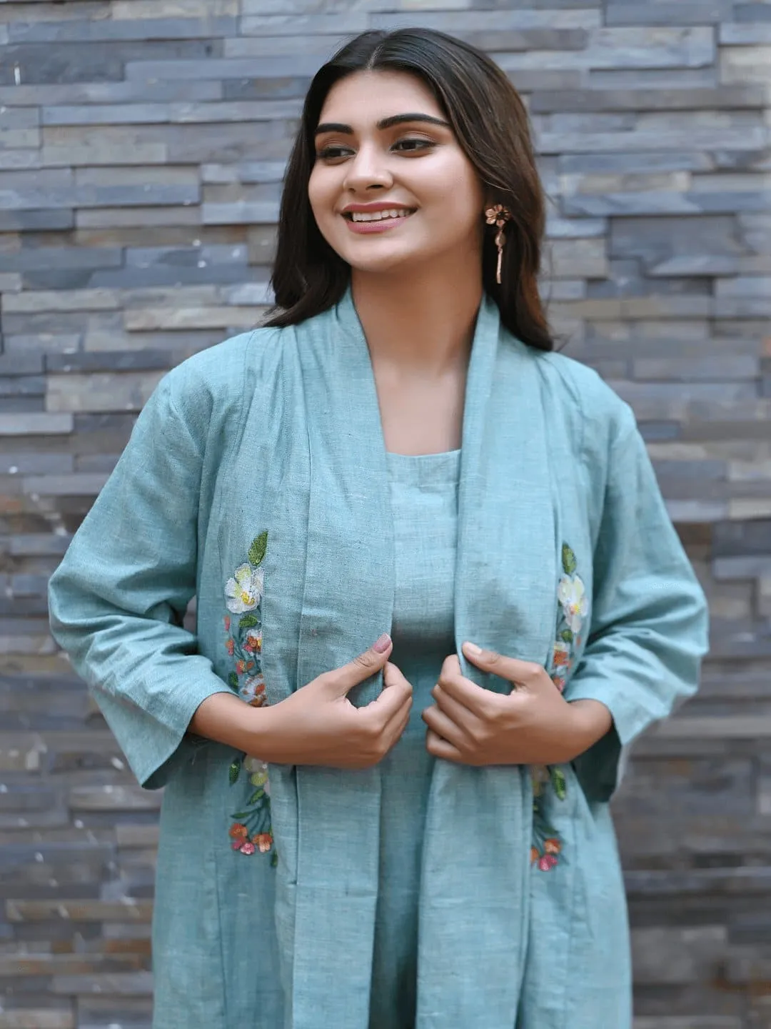 Turquoise khadi  Embroidered Jumpsuit With Shrug