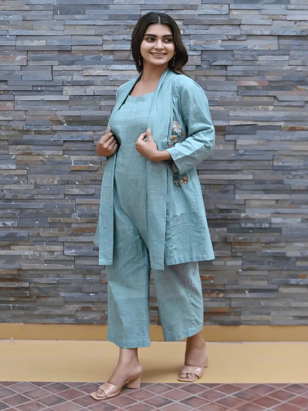 Turquoise khadi  Embroidered Jumpsuit With Shrug