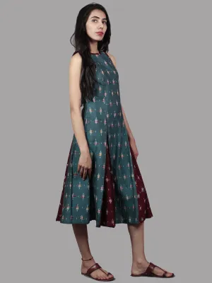 Turquoise Maroon Ivory Handwoven Double Ikat Cotton Sleeveless Dress With Side Pockets  - D5565901