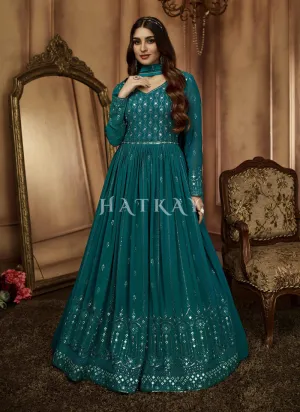 Turquoise Mirror Work Embroidered Traditional Anarkali Suit