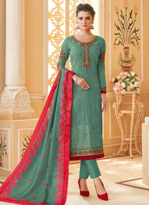 Turquoise Multi Embroidered Designer Pant Style Suit