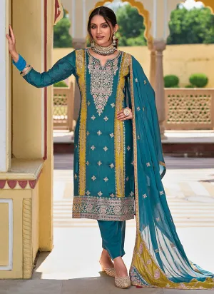 Turquoise Multi Embroidery Traditional Salwar Kameez Suit