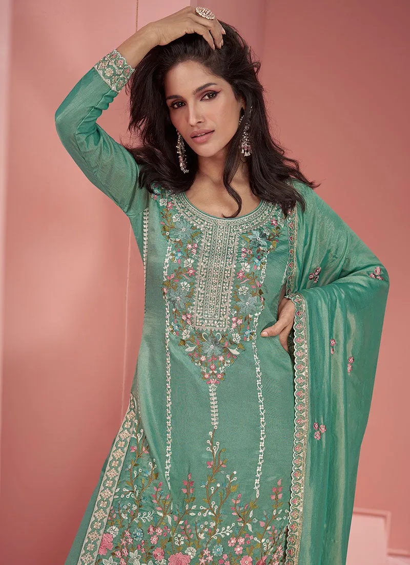 Turquoise Multi Floral Embroidery Silk Palazzo Suit