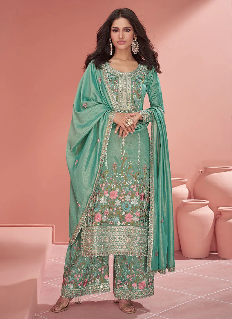 Turquoise Multi Floral Embroidery Silk Palazzo Suit