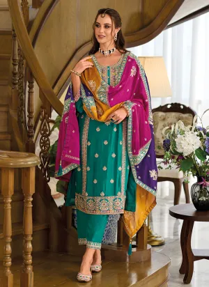 Turquoise Multicoloured Embroidery Pant Style Suit