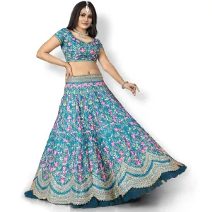 Turquoise Party Wear Sequins Embroidered Silk Lehenga Choli