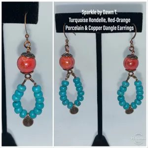 Turquoise Rondell, Red-Orange Porcelain and Copper Double-Strand Bracelet size 7-7 1_2 and matching earrings