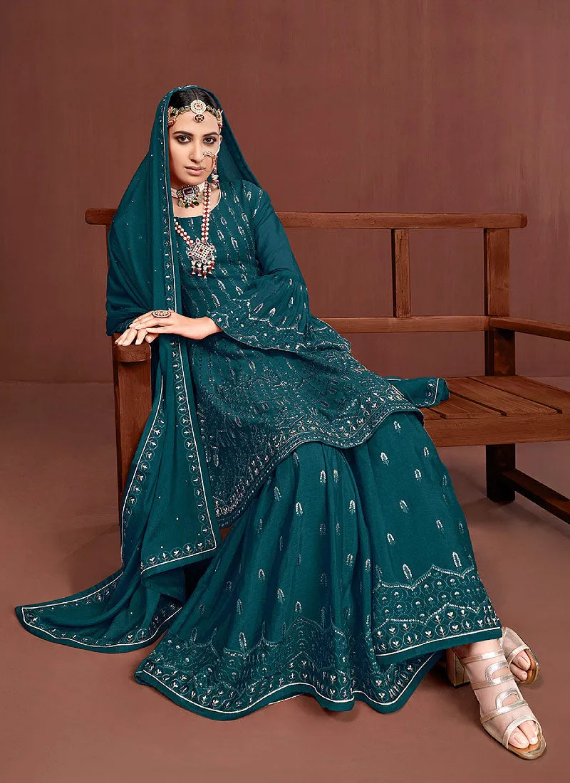 Turquoise Sequence Embroidered Anarkali Sharara Suit