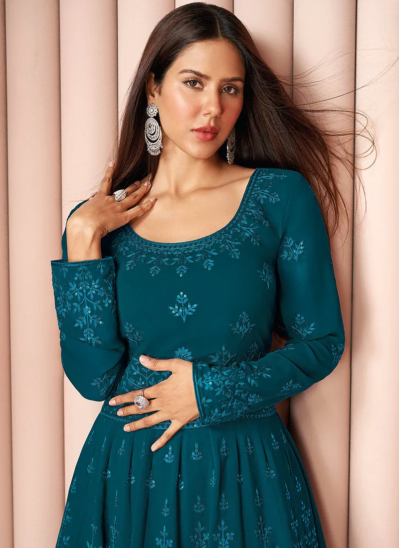 Turquoise Sequence Embroidered Designer Sharara Suit