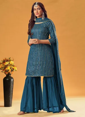 Turquoise Sequence Embroidered Sharara Style Suit