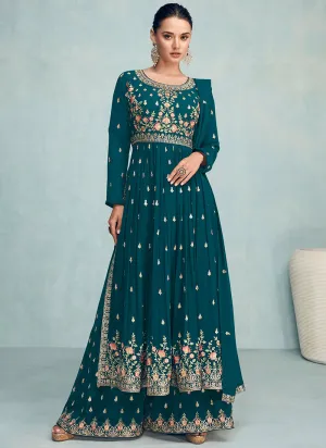 Turquoise Sequence Embroidered Wedding Palazzo Suit