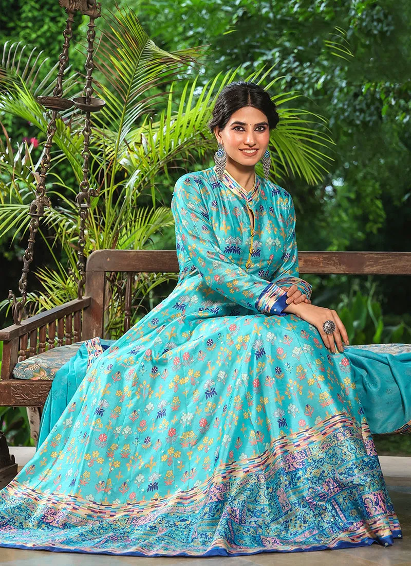 Turquoise Sequence Embroidery Digital Printed Anarkali Suit