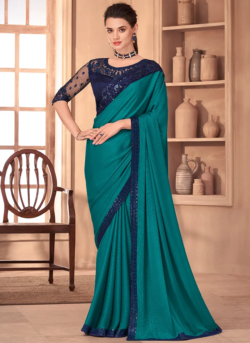 Turquoise Sequence Embroidery Traditional Wedding Saree