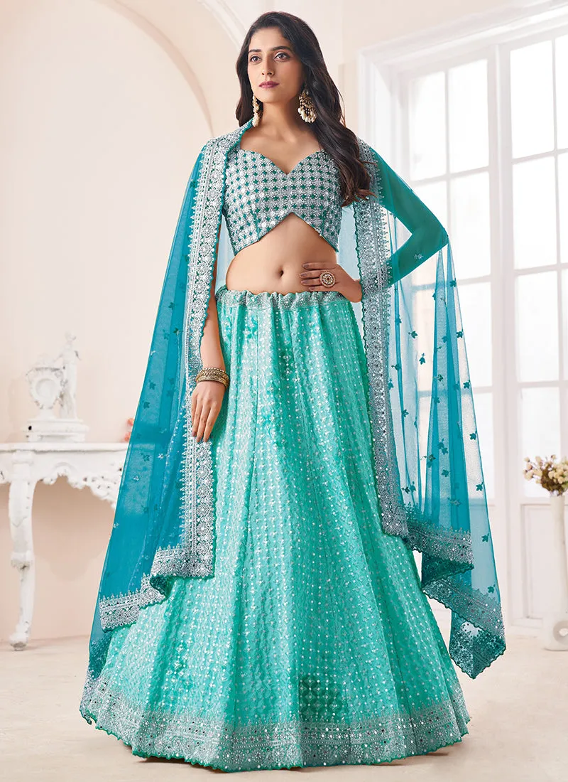 Turquoise Sequence Embroidery Wedding Lehenga Choli