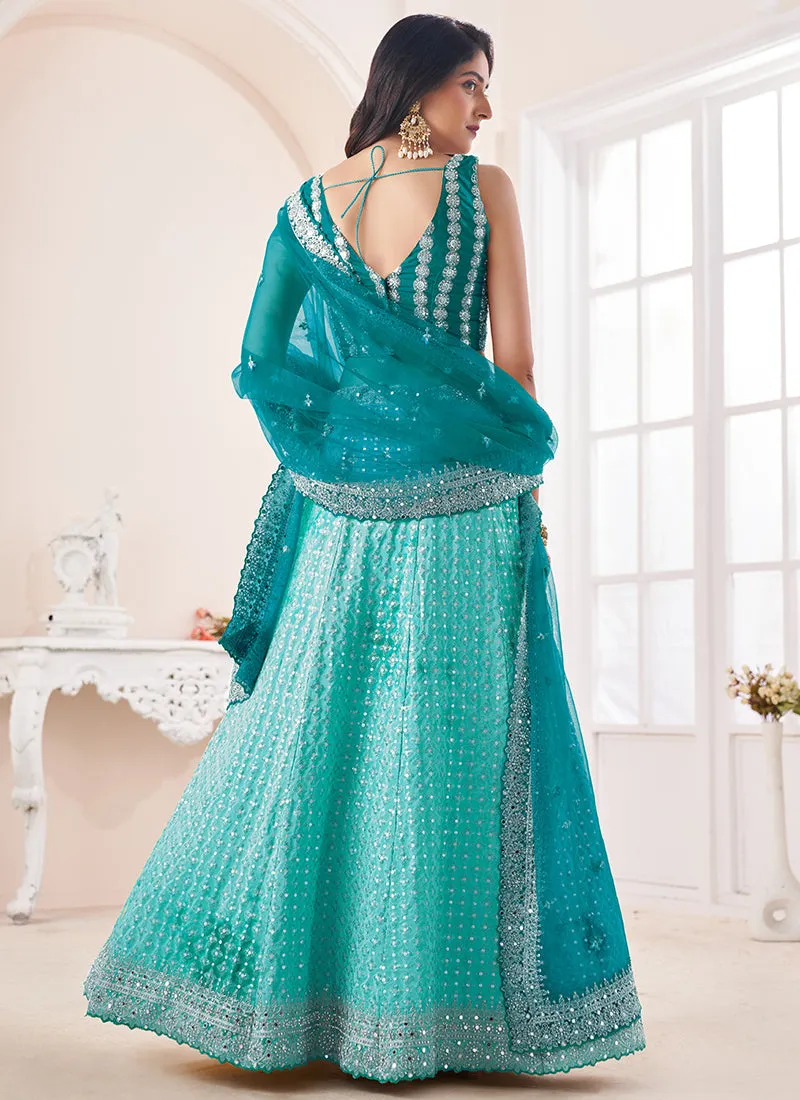 Turquoise Sequence Embroidery Wedding Lehenga Choli