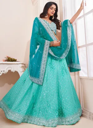 Turquoise Sequence Embroidery Wedding Lehenga Choli