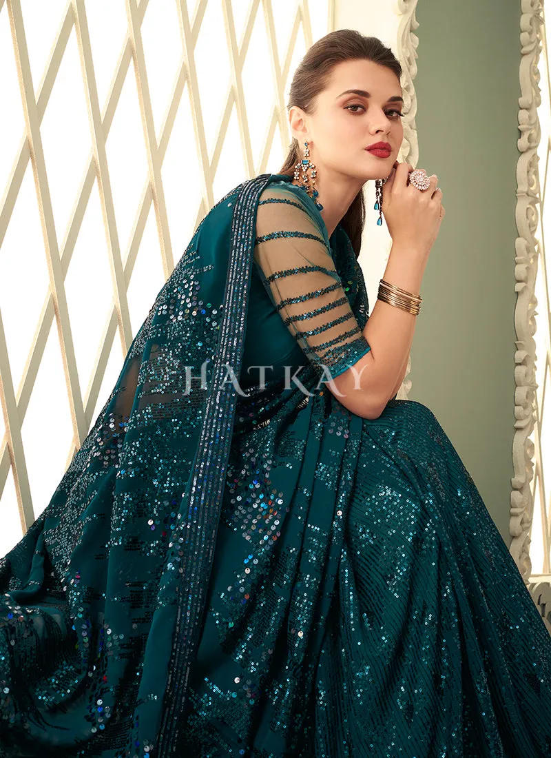 Turquoise Sequins Embroidery Georgette Saree