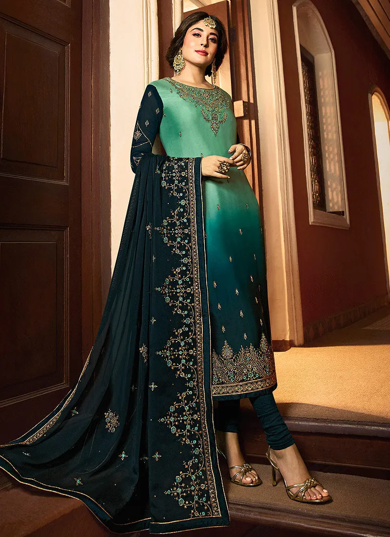 Turquoise Shaded Multi Embroidered Designer Pakistani Pant Suit