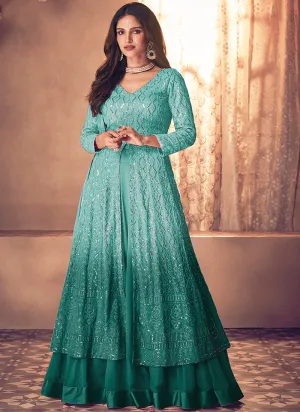 Turquoise Shaded Traditional Sequence Embroidered Wedding Anarkali Lehenga Style Suit