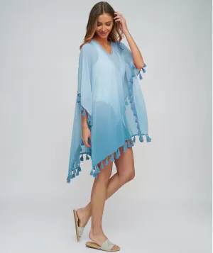 Turquoise Sheer Ombre Cover-Up with Tassel Trim