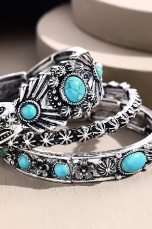 Turquoise Silver tone Stone Triple Layer Bracelet