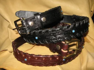 Turquoise-Studded, Hand-Laced Harness Leather Belt