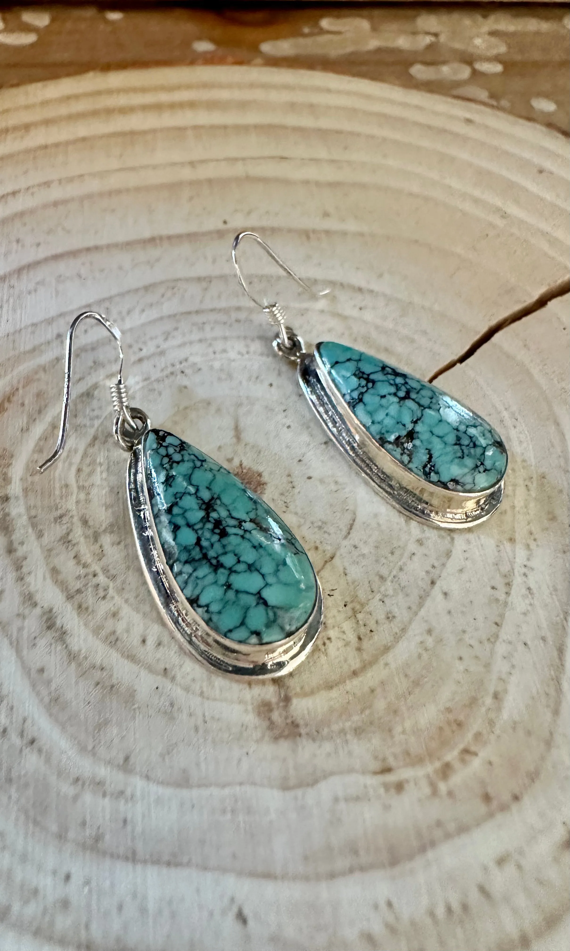 TURQUOISE TEARDROPS Navajo Sterling Silver Earrings Hallmark J