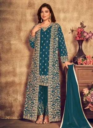 Turquoise Traditional Embroidered Jacket Style Pant Suit