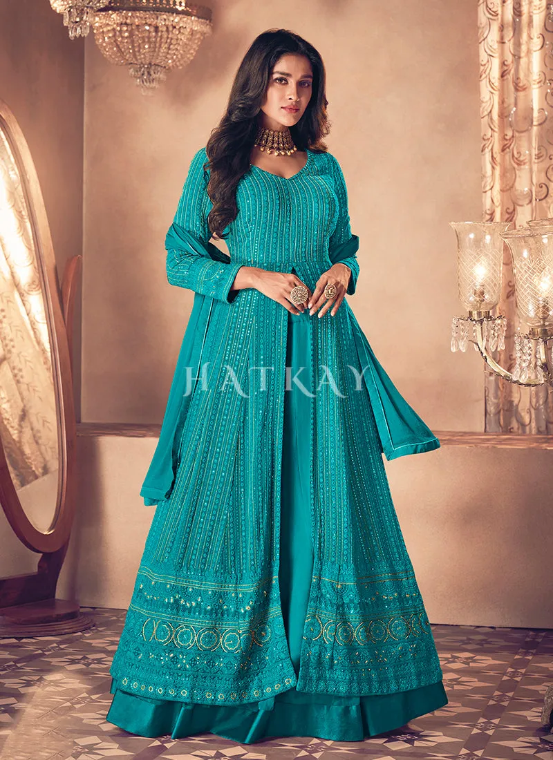 Turquoise Traditional Sequence Embroidered Wedding Anarkali Lehenga