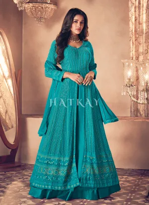 Turquoise Traditional Sequence Embroidered Wedding Anarkali Lehenga