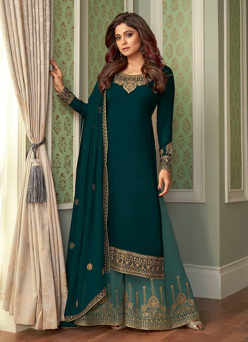 Turquoise Two Tone Embroidered Palazzo Suit