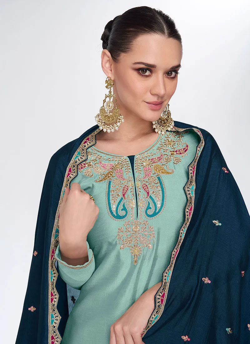 Turquoise Two Tone Multi Embroidery Lehenga Kurti And Dupatta