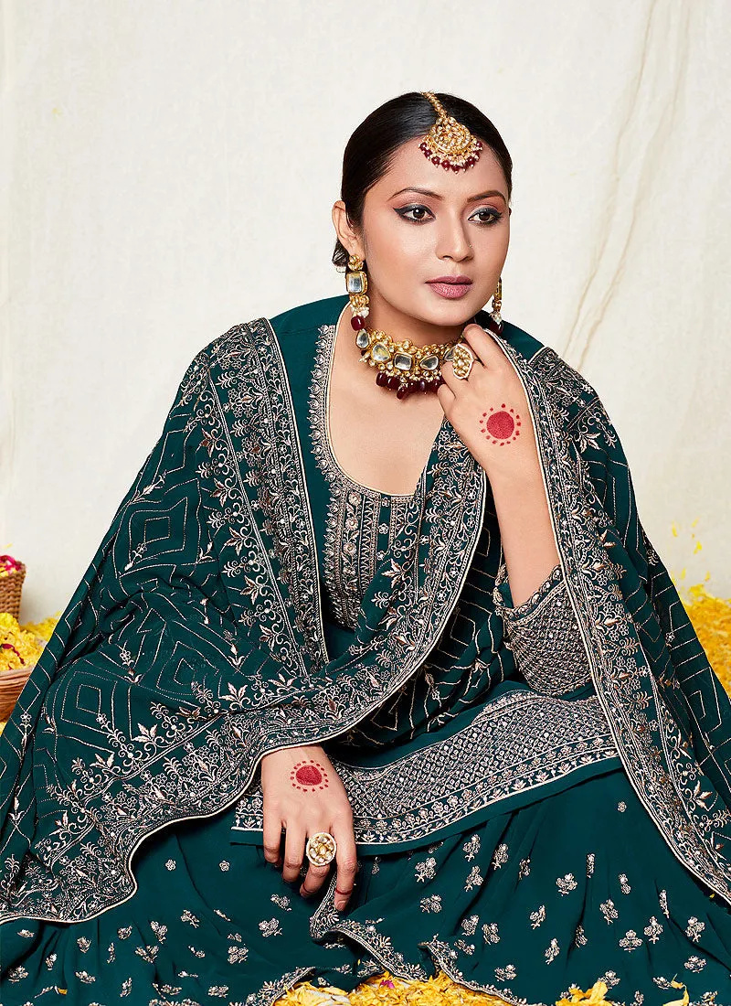 Turquoise Zari Embroidered Georgette Palazzo Suit