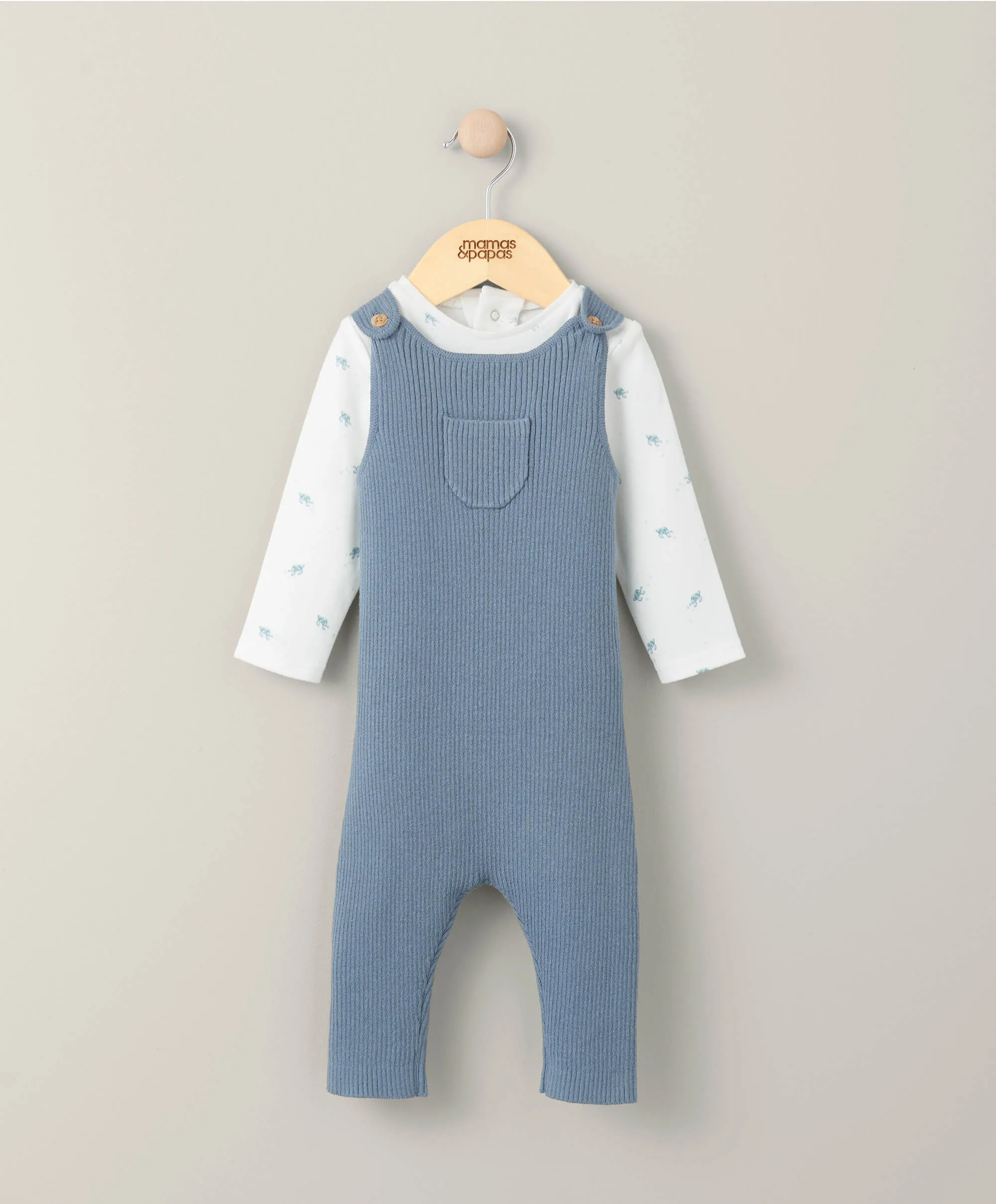 Turtle Bodysuit & Knitted Dungarees - Blue