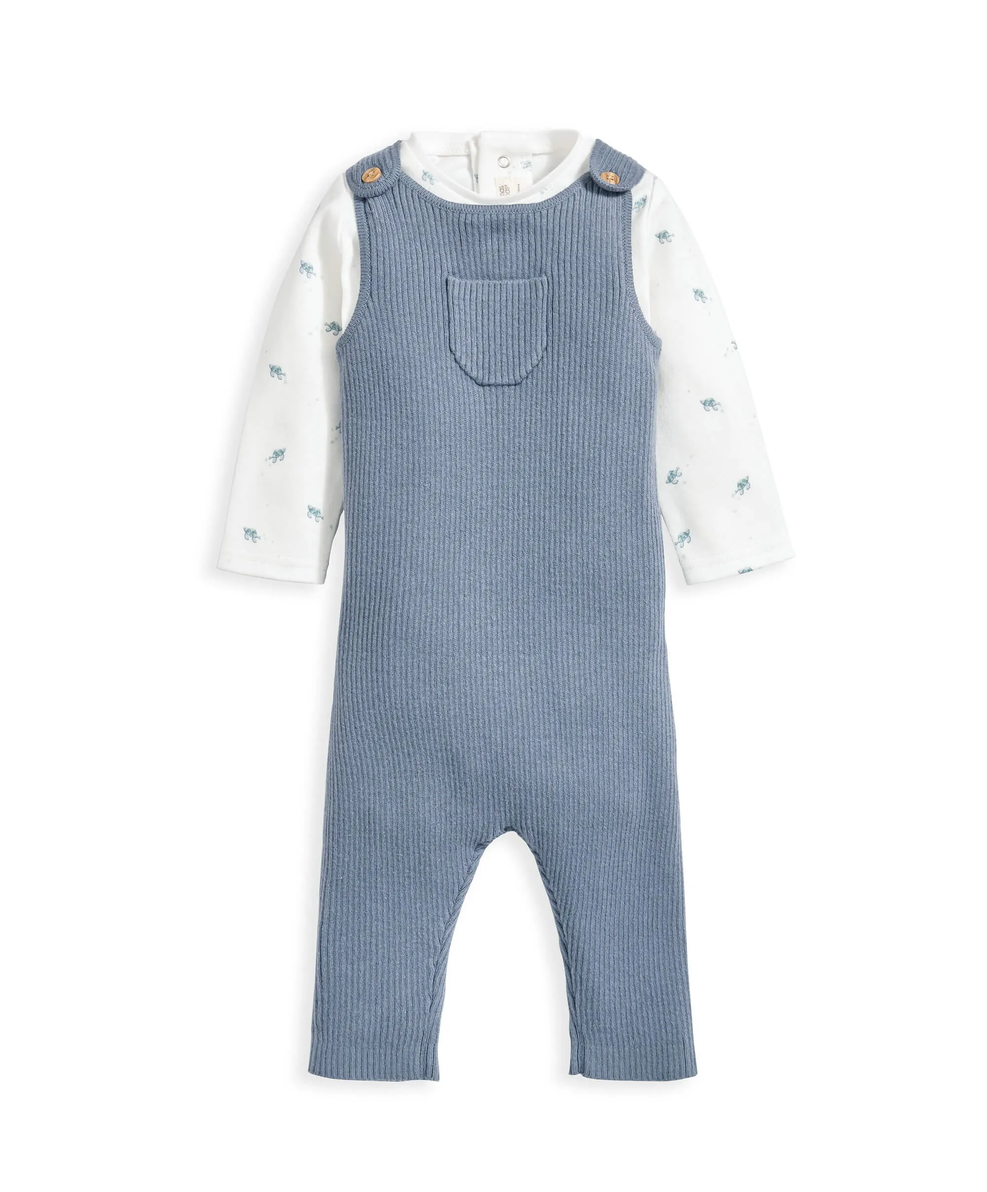 Turtle Bodysuit & Knitted Dungarees - Blue