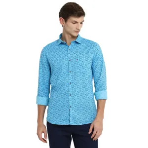 Turtle Men Aqua Blue Cotton Printed Slim Fit Shirts