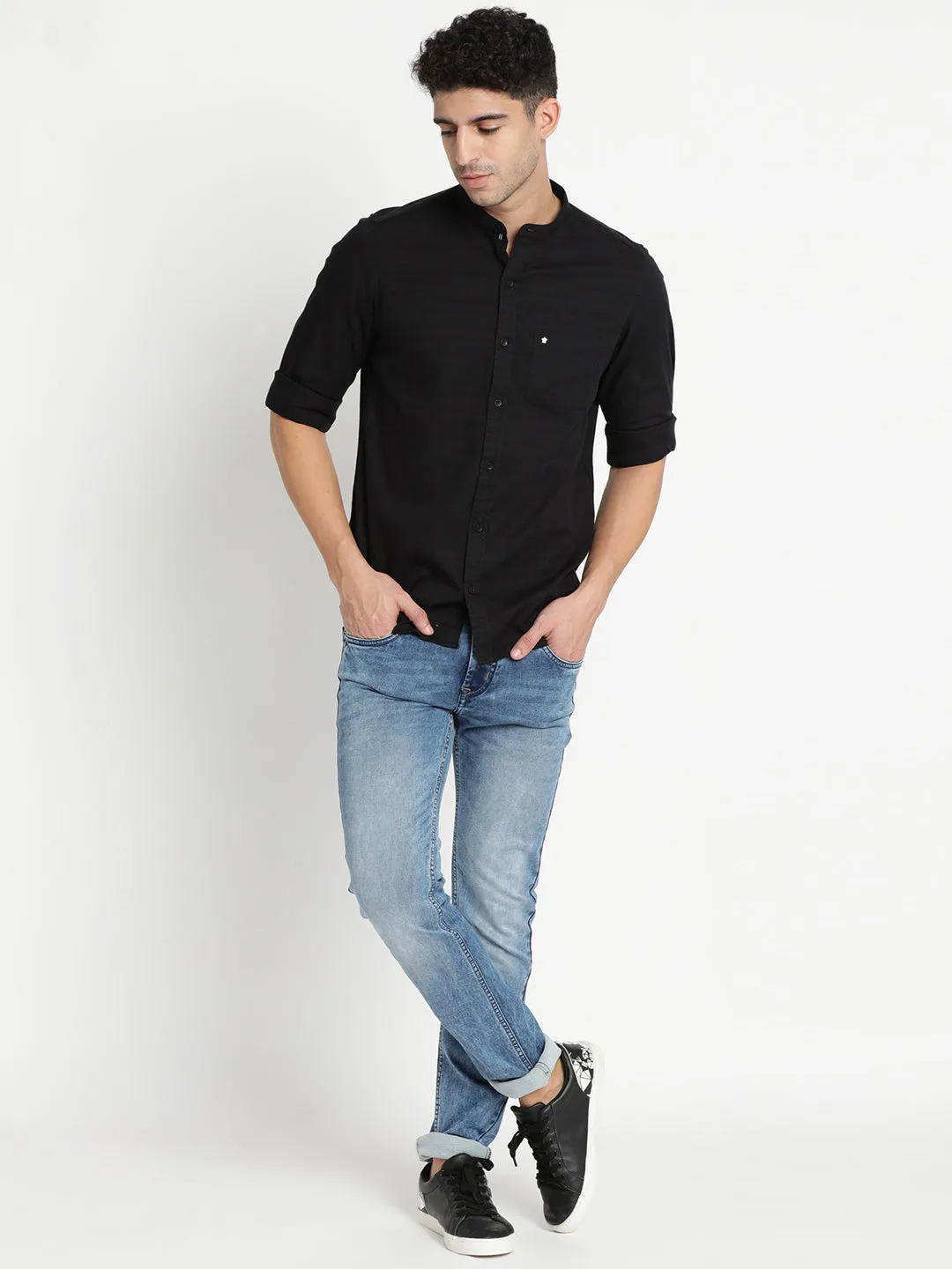 Turtle Men Black Cotton Self Design Slim Fit Casual Shirts