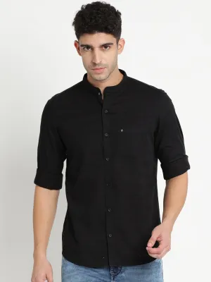 Turtle Men Black Cotton Self Design Slim Fit Casual Shirts