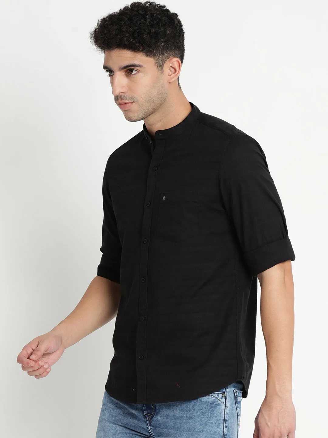 Turtle Men Black Cotton Self Design Slim Fit Casual Shirts