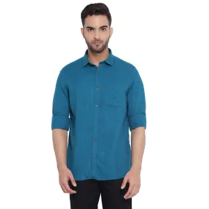 Turtle Men Blue Cotton Solid Slim Fit Shirts