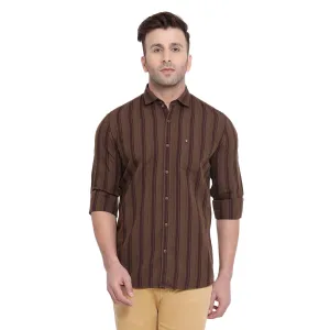 Turtle Men Brown Cotton Striped Slim Fit Shirts