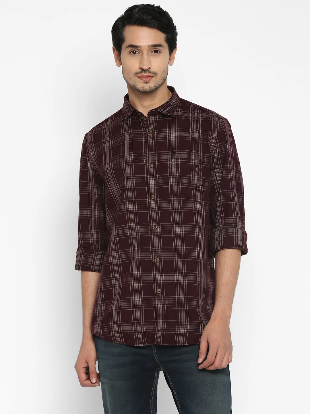 Turtle Men Cotton Brown Slim Fit Checkered Shirts