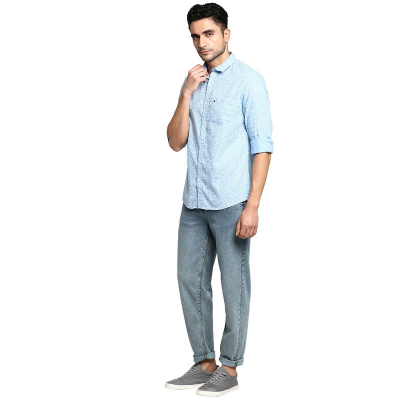 Turtle Men Cotton Sky Blue Slim Fit Printed Casual Shirts