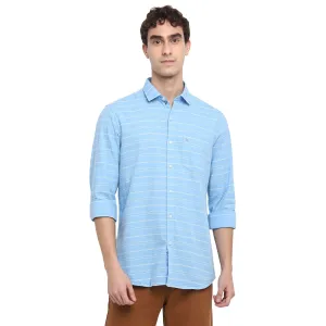 Turtle Men Light Blue Cotton Striped Slim Fit Shirts