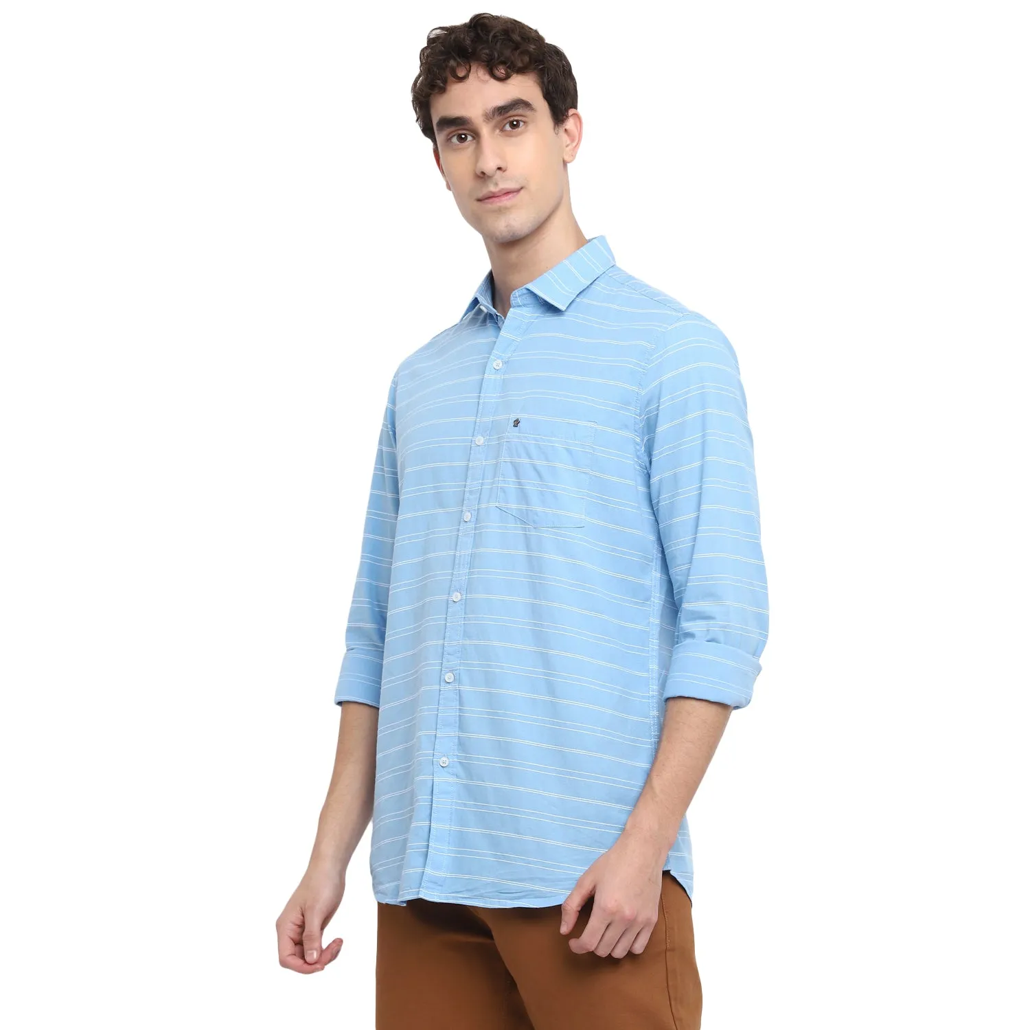 Turtle Men Light Blue Cotton Striped Slim Fit Shirts